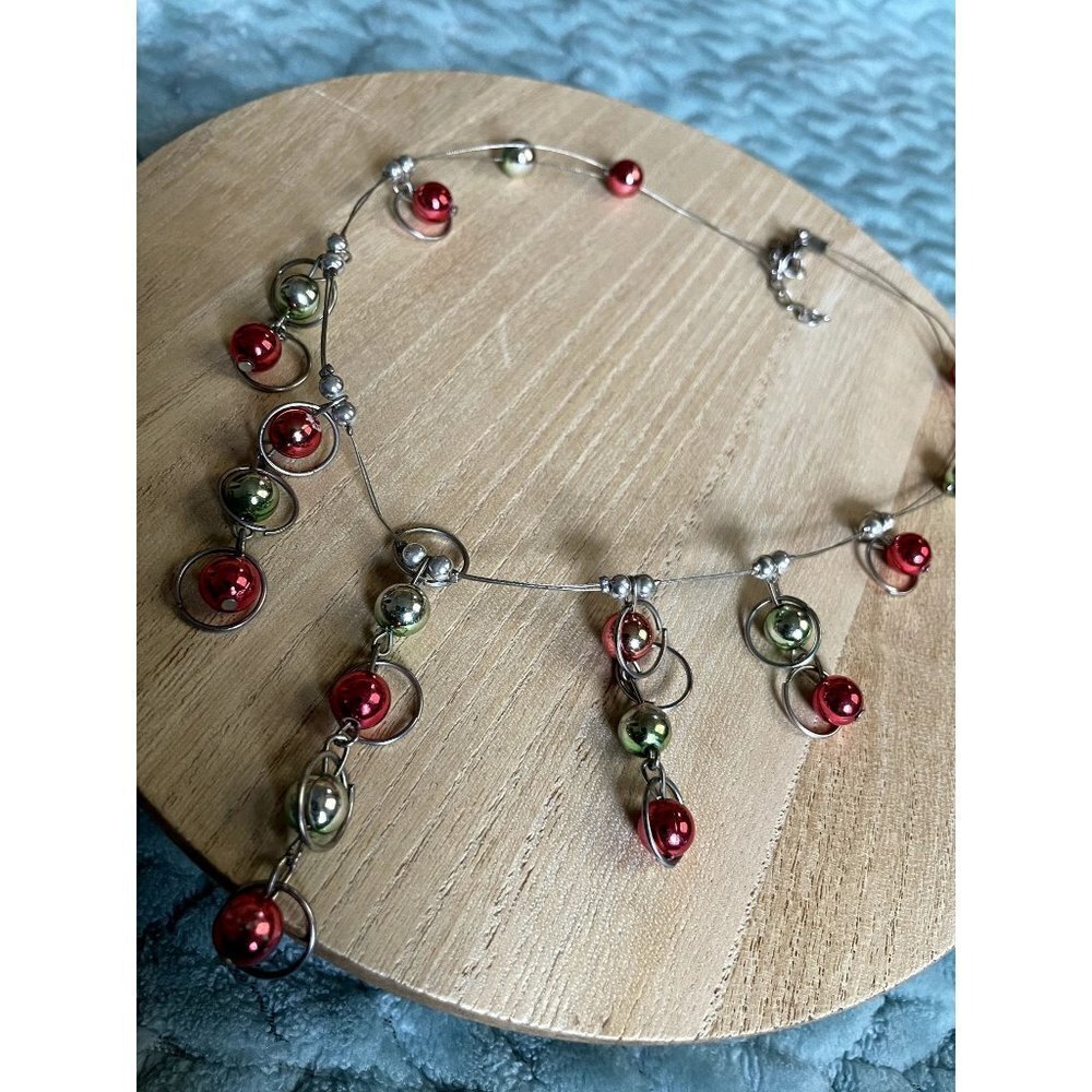 Christmas vintage necklace red green circles metal adjustable jewelry